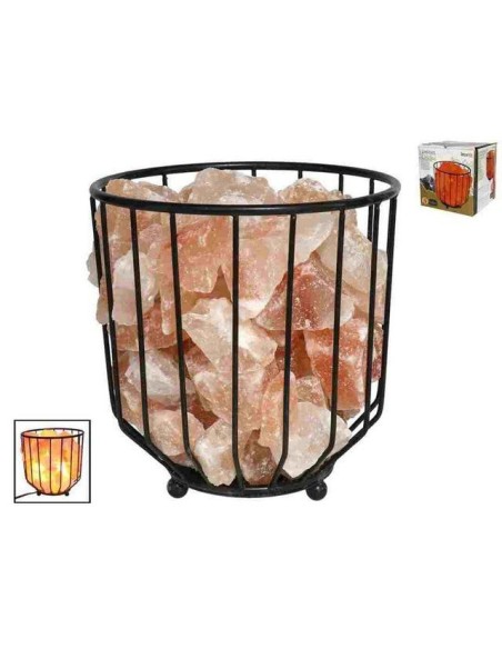 LÁMPARA DE SAL EN CESTO METÁLICO 17X19CM