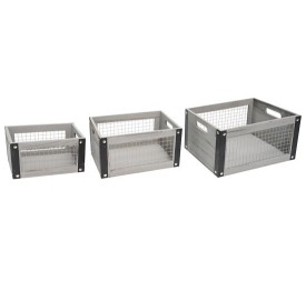SET 3 CAJAS MADERA CON MALLA METALICA COLOR GRIS