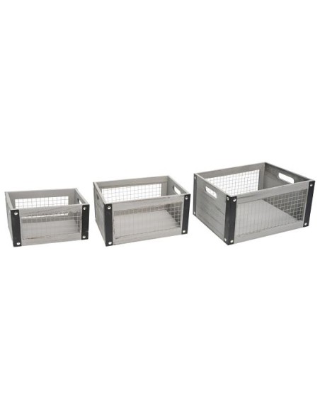 SET 3 CAJAS MADERA CON MALLA METALICA COLOR GRIS