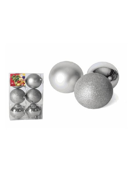 CAJA 6 BOLAS DE NAVIDAD PLATA 8CM 3 SURT