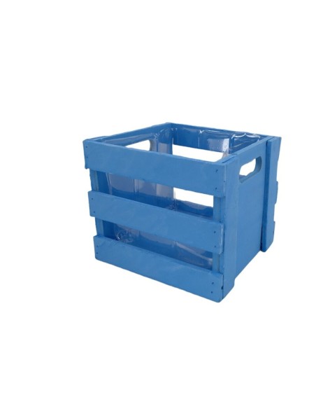 MACETERO CUADRADO LISTONES C/PLASTICO AZUL 14x14x12 cm.
