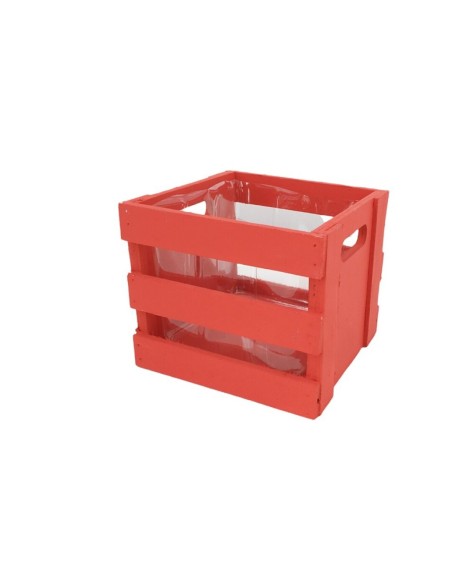 MACETERO CUADRADO LISTONES C/PLASTICO ROJO 14x14x12 cm.