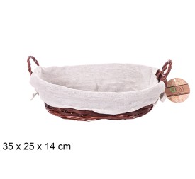 CESTA MIMBRE OVALADA CON ASAS CAOBA CON TELA 35X25CM