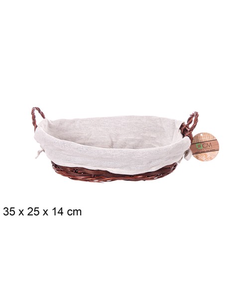 CESTA MIMBRE OVALADA CON ASAS CAOBA CON TELA 35X25CM