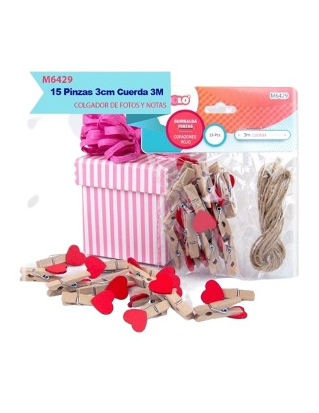 GUIRNALDA PINZAS CORAZONES ROJOS 15PCS + 3M DE C