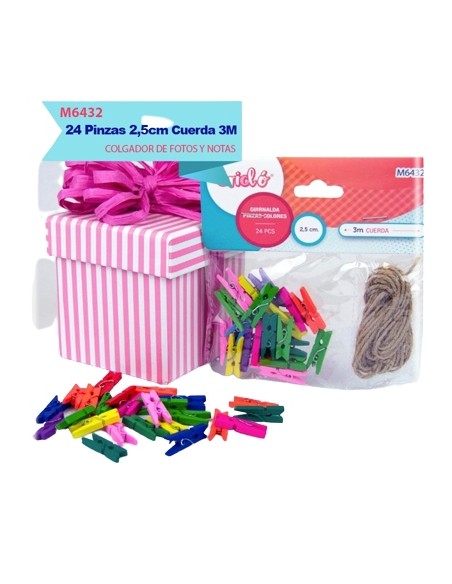 GUIRNALDA PINZAS DE COLORES 2.5CM 24PCS + 3M DE C
