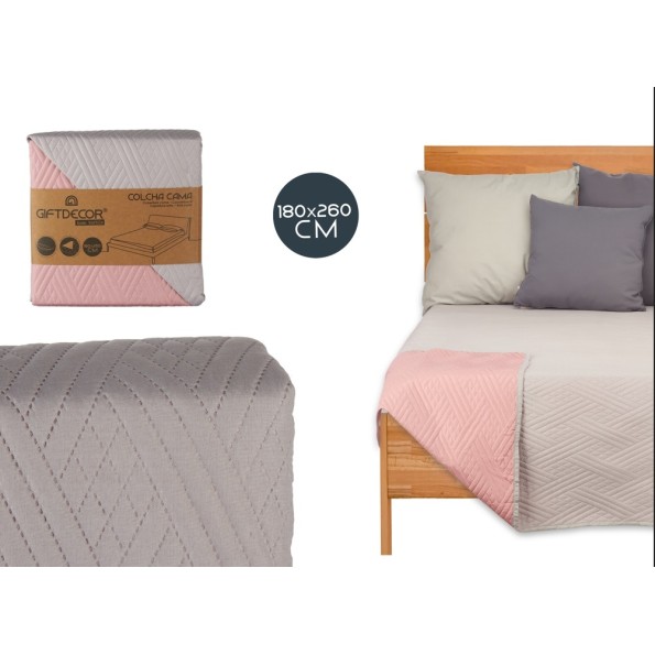 COLCHA CAMA REVERSIBLE 180X260 GRIS CLARO Y ROSA