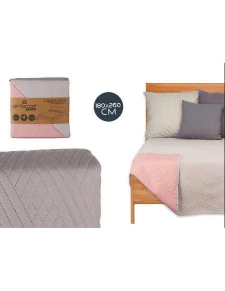 COLCHA CAMA REVERSIBLE 180X260 GRIS CLARO Y ROSA