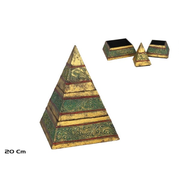 CAJA PIRAMIDE 20 CM ORO/VERDE