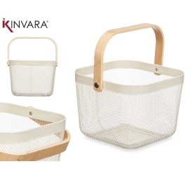 CESTA MALLA ASA MADERA CUADRADA BLANCA