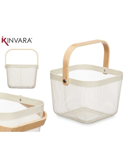 CESTA MALLA ASA MADERA CUADRADA BLANCA