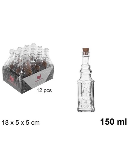 BOTELLA CRISTAL CUADRADA TAPÓN CORCHO 150 ML