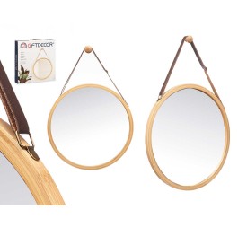 ESPEJO BAMBU REDONDO 38CM CORREA CUERO
