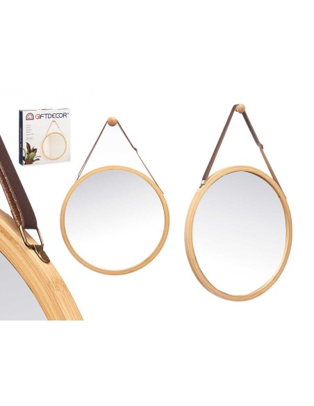 ESPEJO BAMBU REDONDO 38CM CORREA CUERO