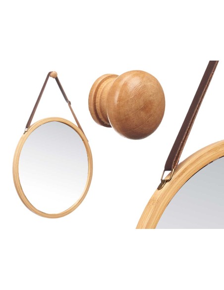 ESPEJO BAMBU REDONDO 38CM CORREA CUERO