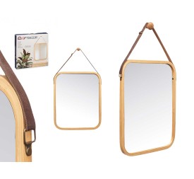 ESPEJO BAMBU RECTANGULAR 41X33CM CORREA CUERO