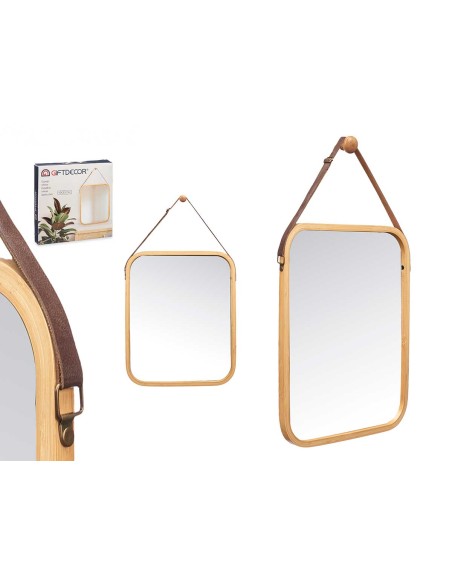 ESPEJO BAMBU RECTANGULAR 41X33CM CORREA CUERO