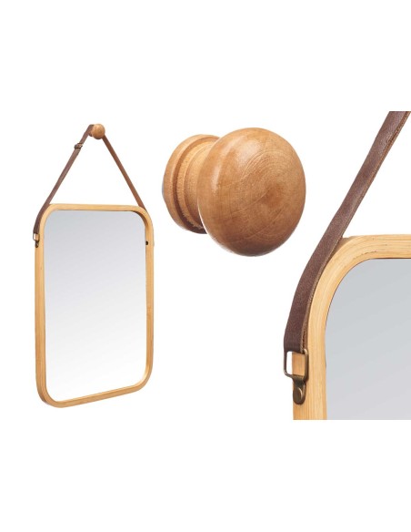 ESPEJO BAMBU RECTANGULAR 41X33CM CORREA CUERO