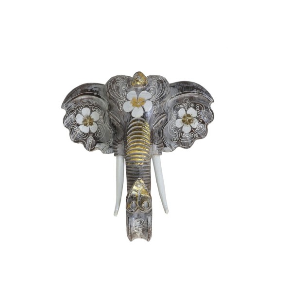 CABEZA ELEFANTE PARED 40CM GRIS/FLOR BLANCA