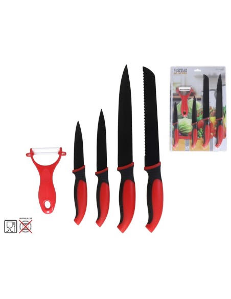 SET 5 PCS CUCHILLO Y PELADOR ACERO MANGO PLASTICO