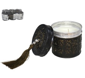 CAJA ALUMINIO REDONDA 7CM ORO CON VELA Y BORLA