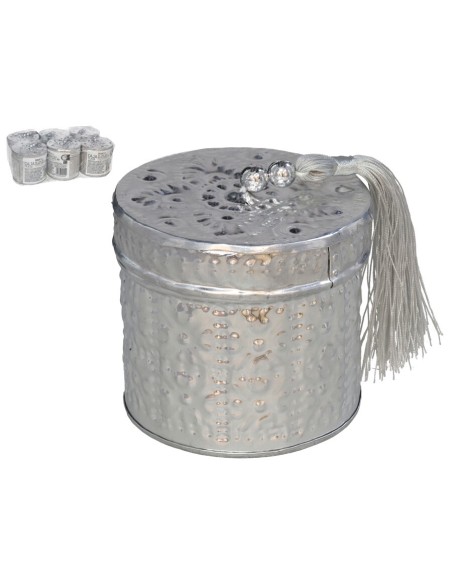 CAJA ALUMINIO REDONDA 7CM PLATA CON BORLA