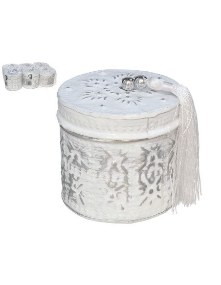 CAJA ALUMINIO REDONDA 7CM BLANCO CON BORLA