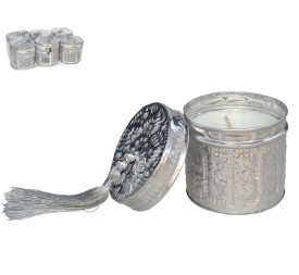 CAJA ALUMINIO REDONDA 7CM PLATA CON VELA Y BORLA