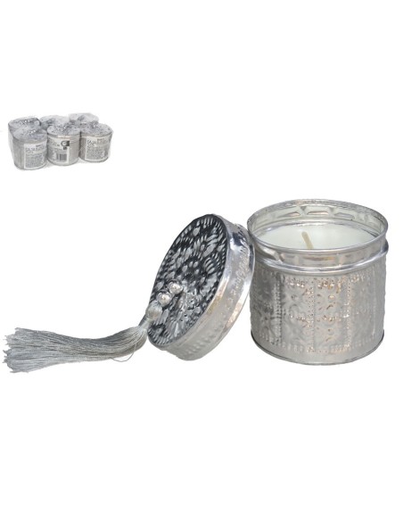 CAJA ALUMINIO REDONDA 7CM PLATA CON VELA Y BORLA