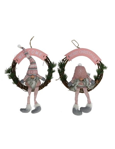 CORONA RAMAS GNOMO ROSA 43CM 2 SURTIDOS