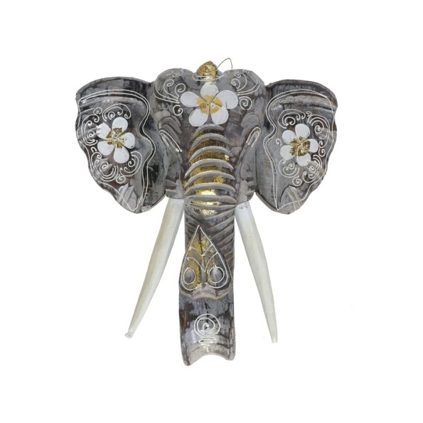 CABEZA ELEFANTE PARED 30CM GRIS/FLOR BLANCA