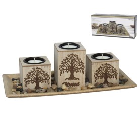 SET 3 PORTAVELAS TREE C/BANDEJA 28X13,5X10CM MARRO