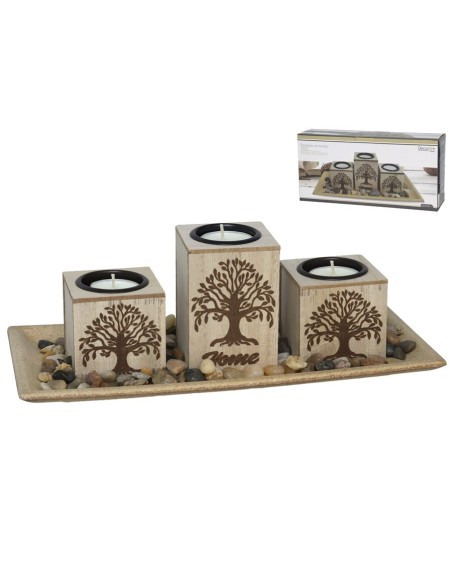 SET 3 PORTAVELAS TREE C/BANDEJA 28X13,5X10CM MARRO