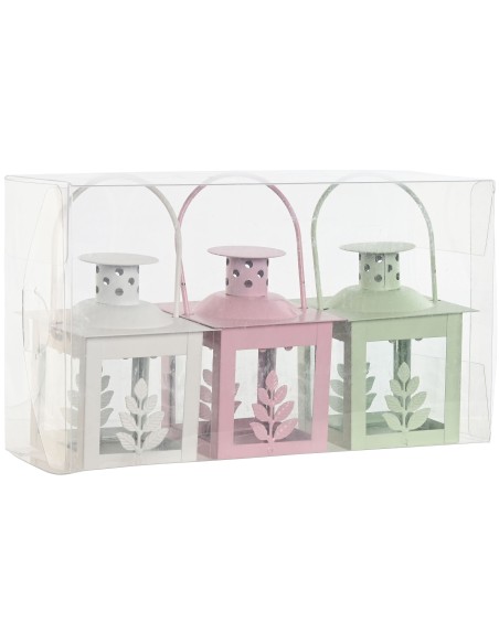 FAROLA SET 3 HIERRO CRISTAL 7X7X10 HOJA 4 SURT.