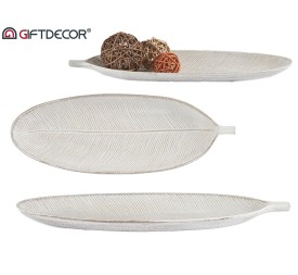 BANDEJA MADERA DECORACION HOJA BLANCO