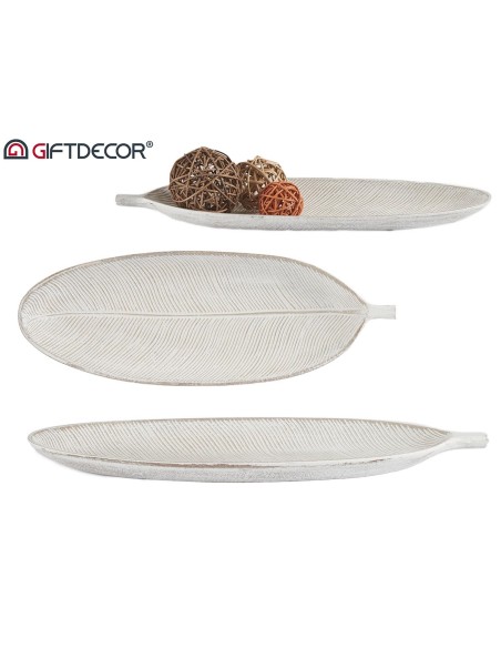 BANDEJA MADERA DECORACION HOJA BLANCO