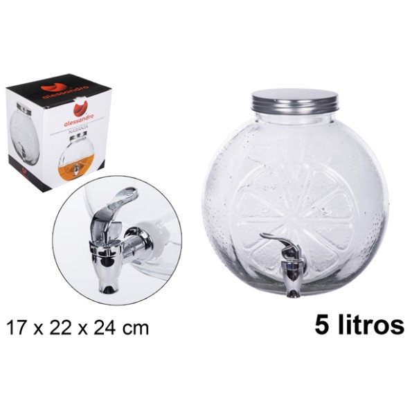 BOTE CRISTAL NARANJA DISPENSADOR BEBIDAS CON GRIFO 5L