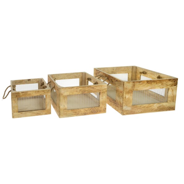 SET 3 CAJAS MADERA C/ASA VINTAGE NATURAL 30x30x18cm / 25x25x17cm / 20x20x15cm