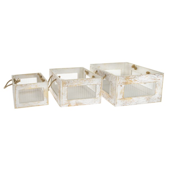 SET 3 CAJAS MADERA C/ASA VINTAGE BLANCO 30x30x18cm / 25x25x17cm / 20x20x15cm