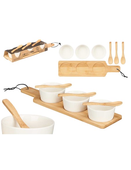 SET 3 BOL CERAMICA BLANCA CUCHARA Y BANDEJA BAMBU SET 3 BOL CERAMICA BLANCA CUCHARA Y BANDEJA BAMBU