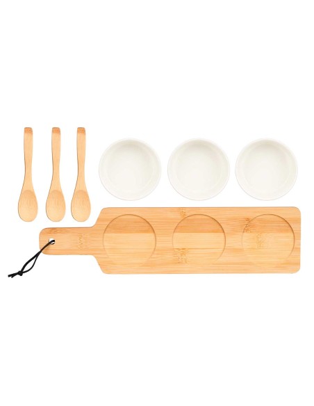 SET 3 BOL CERAMICA BLANCA CUCHARA Y BANDEJA BAMBU SET 3 BOL CERAMICA BLANCA CUCHARA Y BANDEJA BAMBU