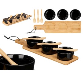 SET 3 BOL CERAMICA NEGRA CUCHARA Y BANDEJA BAMBU