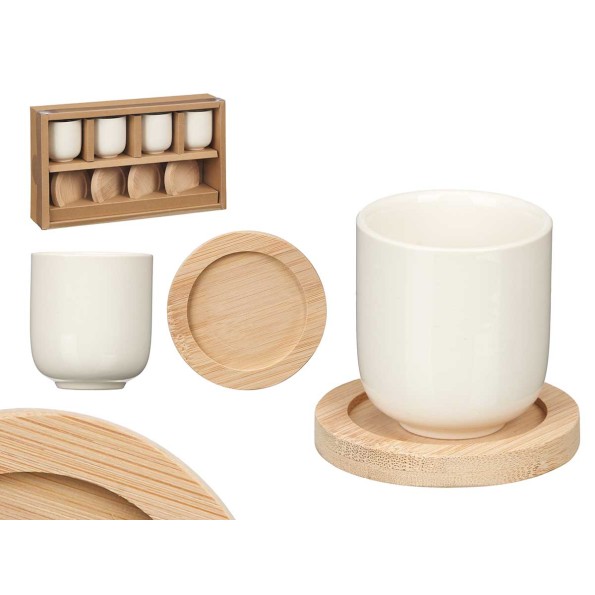 SET 4 VASOS CAFE CERAMICA BLANCA POSAVASOS BAMBU