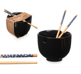 BOWL PORCELANA ASIATICO NEGRO PALILLOS BAMBU