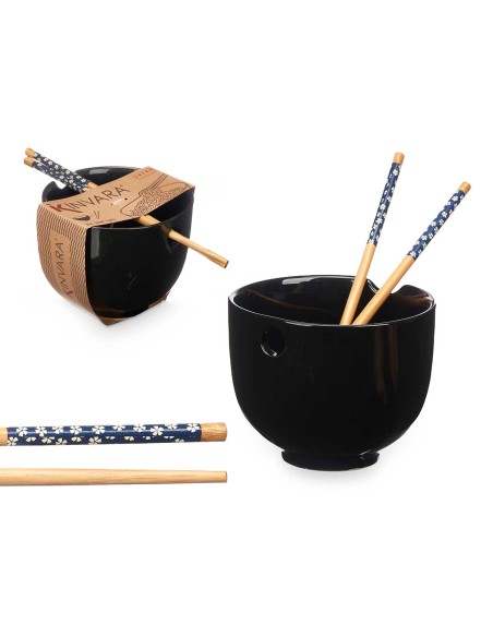BOWL PORCELANA ASIATICO NEGRO PALILLOS BAMBU