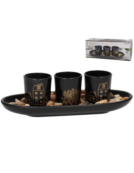 PORTAVELAS NEGRO PIEDRA LIU 26X10X7,5 CM