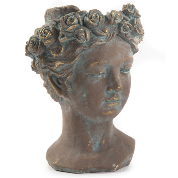 MACETERO CEMENTO CABEZA DE MUJER FLORES BRONCE D24 H33,5