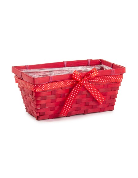 CESTO  RECTANGULAR BAMBU ROJO CON LAZO D.26X13H12