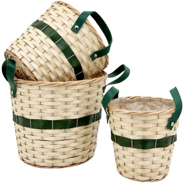 SET 3 CESTAS MADERA NATURAL FRANJA VERDE CON ASAS S.D.19H18 B.28H24