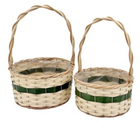 CESTAS REDONDAS DE MADERA NATURAL RAYA VERDE S/2 CON ASA S.D24H12/33 B.D.28H14/37